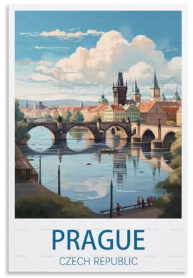 Vintage-Reiseposter in Prag, Tschechische Republik, Querformat, 30 x 45 cm, Leinwand, Wandkunst, Poster für Wohnzimmer, Dekoration, Gemälde für Heimdekoration