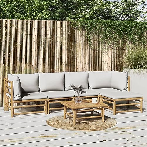 NITCA Gartenlounge Set Holz 6-TLG Bambus Lounge Wintergarten Lounge Bambus mit Kissen Hellgrau Outdoor Bambus Lounge Balkon Lounge Sofa Bambus Gartenmöbel Set (2xEckteil+2xMittelteil+Tisch+Fußstütze)
