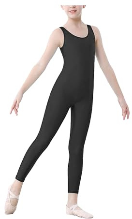 R&N FASHIONS Traje de gato sin mangas para niñas y niños, mono de baile, gimnasia, traje de gato sin pies, baile (negro, 9-10 años)