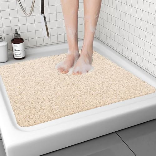 Tapis de Douche antidérapant Beige 60 x 60 cm, Tapis de Bain de sécurité Doux et Confortable avec Trous de Drainage, Tapis de Douche de Massage luffa en PVC pour Zones humides, séchage Rapide