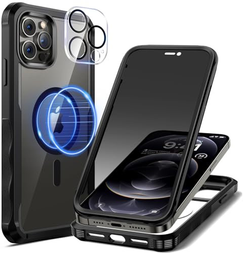 seacosmo Magnetic for iPhone 12 Pro Case 6.1 Inch, Privacy Phone Case Compatible with Magsafe Built-in 9H Tempered Glass Privacy Screen Protector and Camera Protective Full Body Shockproof Case, Black