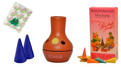 KNOX Feuertöpfchen Bunt - Größe: ca. 9 cm - Inklusive Räucherkerzen - Düfte: 2X Waldfrucht XXL & fruchtig M - mit 3 Räucherkerzen Proben von Meeresbriese