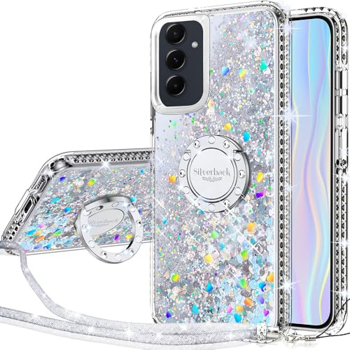 Silverback für Samsung Galaxy A55 5G Hülle mit Band, Mädchen Glitzer Handykette Handyhülle 360 Grad Ring Cover Flüssigkeit Clear Schutzhülle für Samsung Galaxy A55 5G- Silber
