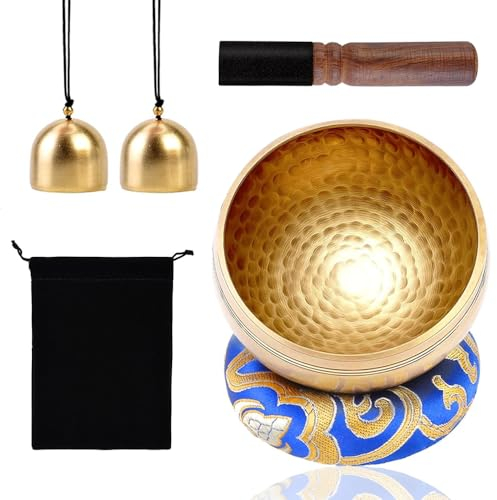 Set con Campana Tibetana,Tibetana Armonica Campana,Martello di Legno,Sacchetto di Stoffa,Tappetino di Seta e 2 Campane di Rame,Tibetana Fatta a Mano Campana Tibetana(6PCS)