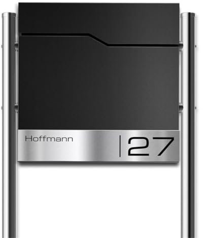 Metzler Briefkasten mit Pfosten in RAL 9005 Tiefschwarz Enno - Standbriefkasten mit V2A Edelstahl Namensschild & Zeitungsfach - Briefkasten mit Gravur - Postkasten, Größe: 37 x 37 x 10,5 cm