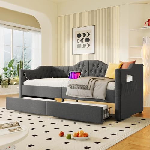 Merax Polsterbett 90x200cm mit Schubladen & Ladefunktion, Tagesbett Einzelbett mit Lattenrost, Funktionsbett Stauraumbett, Leinenmaterial, Schlafsofa als Kinderbett & Gästebett, Ohne Matratze, Grau
