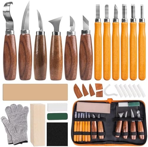 FANTICDE Ciseaux à Bois,30 in 1 Outils de Sculpture bois,Outillage Bois avec 12 Couteau Sculpture bois,Professionnel/Junior Outil de Ciseaux a Bois Kit DIY avec Gants anti-coupure,Pierres à Aiguiller