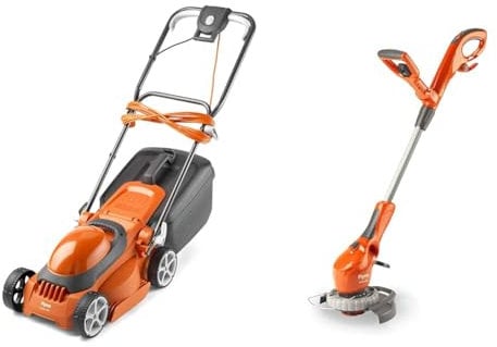 Flymo EasiStore 300R Electric Rotary Lawn Mower - 30 cm Cutting Width, 30 Litre Grass Box, Close Edg & Contour 500E Electric Grass Trimmer and Edger, 500 W, Cutting Width 25 cm, Orange