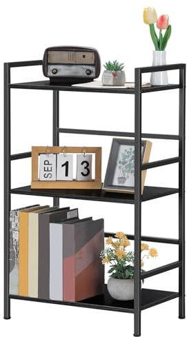 CADUKE 3-stufig Bücherregal, Schwarzes Standregal, Offenes Aufbewahrungsregal mit Metallrahmen, Modernes Holzregal für Wohnzimmer, Schlafzimmer, Büro, 43 x 28 x 74 cm