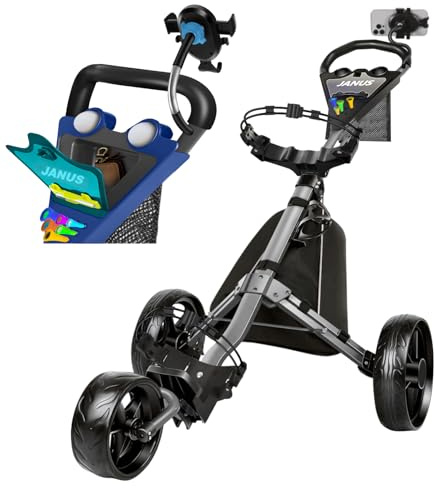 JANUS Golfwagen, Golftaschen-Wagen, faltbarer Golfwagen, Golf-Pullwagen, 3-Rad-Golfwagen, mit Schwanenhals oder Handyhalter