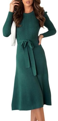 EFOGEP Jumper Dress for Women UK: Fall Winter Long Sleeve Sweater Dress Ladies Tunic Slim Pullover Knitwear Elegant Belted Ruffle Midi Dress Wedding Guest Party Knitted Dress Dark Green S