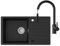 CECIPA Évier de cuisine noir avec robinet extensible 78 x 45 cm, réversible, en granit avec bonde et trop-plein, 1 bac en granit noir, évier de cuisine avec robinet