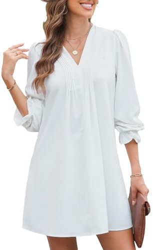 Dokotoo Kleid Damen Langarm Elegant Einfarbig A-Linien Rüschenärmel V-Ausschnitt Midikleid Partykleid Freizeitkleid Dating-Kleid Sommerkleider Rüschenkleid Weiß L