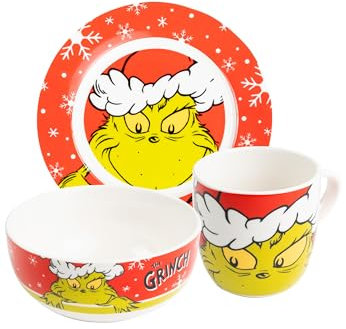 United Labels Grinch Merry Grinchmas 3-Piece Breakfast Set, Red, Porcelain Crockery Set with Plate Diameter 19 cm, Cup 220 ml and Bowl 330 ml