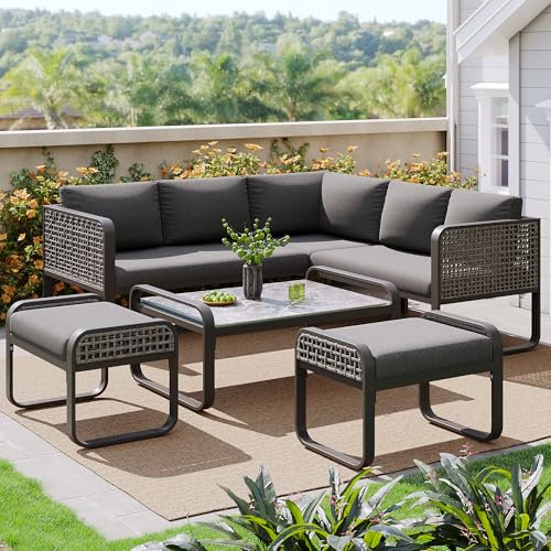 Dolamaní Ecksofa Lounge Möbel Outdoor Set für 6-7 Personen, Rattan Metall Gartenmöbel Set mit Aller Sitz- und Rückenkissen (Grau)