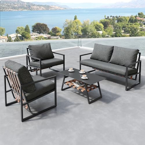 Gegtuon Gartenmöbel Sitzgruppe Set für Garten für 4 Personen, Outdoor Gartenmöbel-Set BalkonMöbel Essgruppe mit Tisch und Stühle für Balkon, Lounge Sofa Möbel mit Sessel und Couchtisch, Schwarz