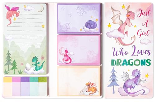 GROBRO7 Niedlich Drachen Haftnotizen Set - 450Blatt Cartoon Fliegender Drache Selbstklebende Aquarell Dragon Notizblöcke Schreibblöcke für Kinder Schüler Lehrer Schule Heimbüro Geschenk Partygeschenke