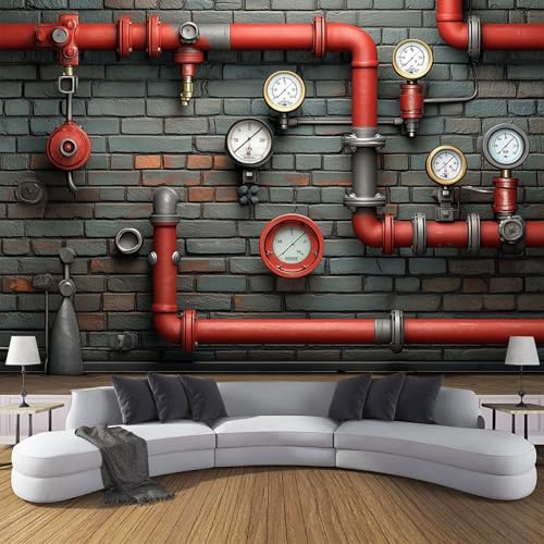 Fototapete Rote Rohre 150×105cm(W×H) Tapete Wandbild Wandbild Retro Industriell Dampf Bild Fototapeten Tapeten Wandtapete Grau Wand Schlafzimmer Wohnzimmer Moderne Vliestapete