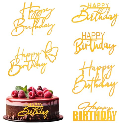 Matwsec 6PCS Gold Happy Birthday Cake Toppers Mirror Acrylic Cake Topper Happy Birthday Cupcake Toppers for Cakes Decorations Party Decor