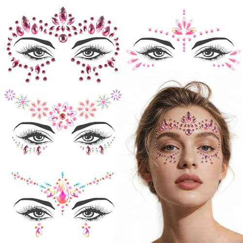 Strass Visage Autocollant de Visage Maquillage 4 Pièces pour Musique Carnaval Festivals Décorations Faire la Fête Halloween le Visage de Gemmes Accessoire (Rose)