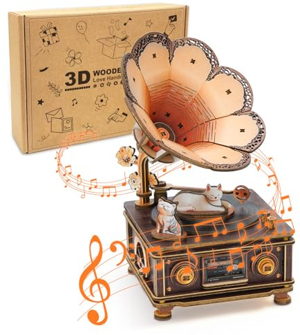 Cutywood 3D Holzpuzzle Erwachsene, Katzen Spieluhr Grammophon | Holz 3D Puzzle/DIY Modellbausatz Basteln Mechanische Puzzle/Schreibtischdekoration Geschenk für Männer Frauen