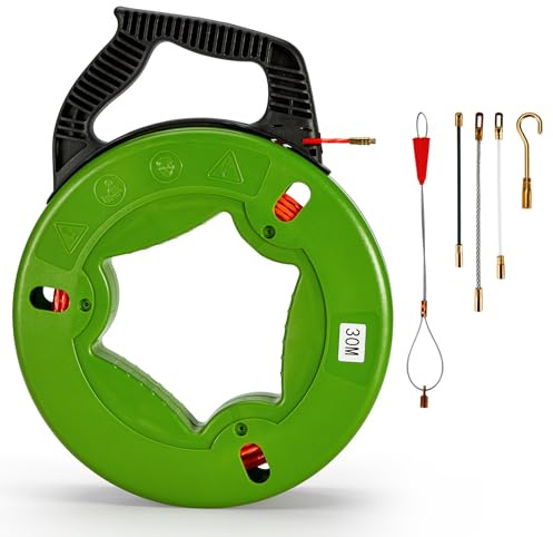 Pindex 30 m Fiberglass Fish Tape in Reel 4 mm with 5 Cable Puller Rods | Cable Puller Tool Through Wall, Pulling Wire Cable in Conduit, Flexible to Get Around Bends