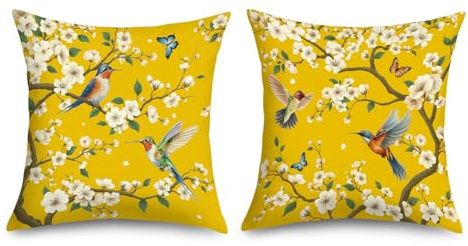 Joymaison Kissenbezüge 50x50 2er Set Retro Chinesischer Blumen Gelb Kolibri | Deko Kissenhülle Vintage Frühling Sommer Gelb Blume Vögel für Garten Dekorative Kissenbezug Kissen für Couch Sofa