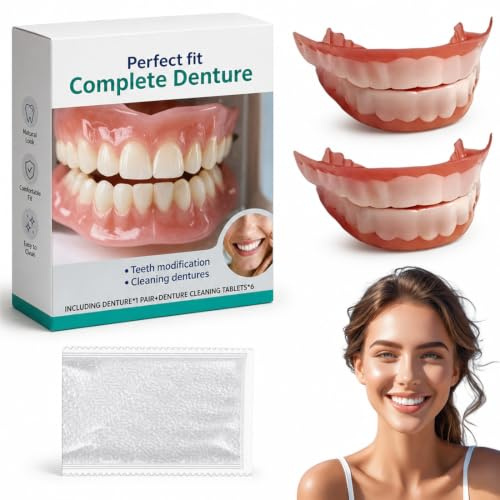 GXGM 2 Jeux de Immédiat Prothèse Dentaires Cosmétiques Silicone Dentier Haut Et Bas Sourire Parfait, Amovible Naturel Fausse Dents Provisoire Facette Dentaire, avec 50 g de Gel de Dentition (B)