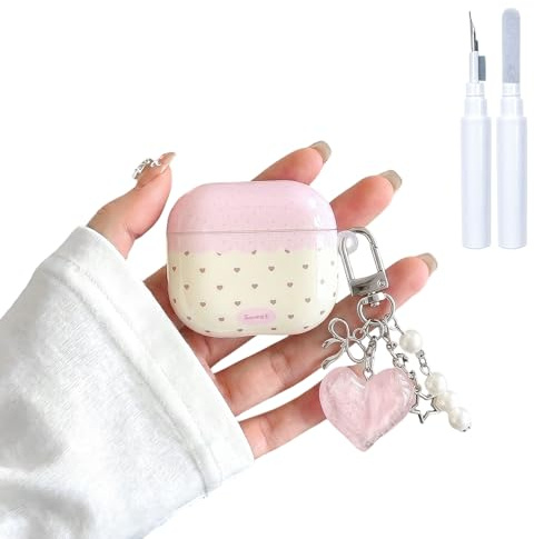 Reownest Hülle Kompatibel mit AirPods 5/4 mit Reinigungsset, Süßes Rosa Polka Dot Muster Ästhetisches mit Herzanhänger, Girly Weiche TPU Schutzhülle für Airpods 5/4. Generation –Beige Herz