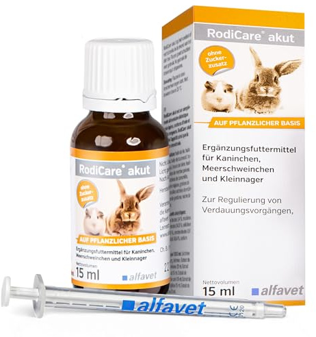Alfavet RodiCare Akut 15ml - Ergänzungsfuttermittel für Nager & Kaninchen | Zur Regulierung der Verdauung bei Meerschweinchen & Kleinnagern. Mit Kräuterextrakten, ohne Zuckerzusatz. Mit Dosierspritze.