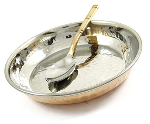 Indianbeautifulart spscial Assiette de Service en Acier de cuivre Indien Traditionnel Authentique avec Une cuillere de Vaisselle de Table ustensiles de Cuisine
