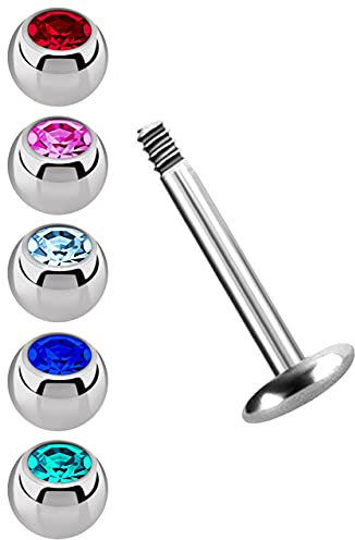 Modern Nature Piercing-Schmuck - Piercing Set - Labret mit 4 mm Platte in 1,2 mm x 10 mm + 5 farbigen Kugeln