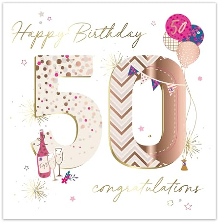 Ling Design Large 50th Birthday Card for Her - Elegant Celebration Design Handcrafted with Embossed Foil Finish, Diamante Gems & 3D Embellishments, Eco-Friendly & Made in the UK