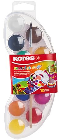 Kores - Akuarellos Mini: Aquarellfarben-Set mit Mischpalette und Pinsel, abwaschbar und ungiftig, Schul- und Kunstzubehör für Kinder und Anfänger, Set mit 12 Farben
