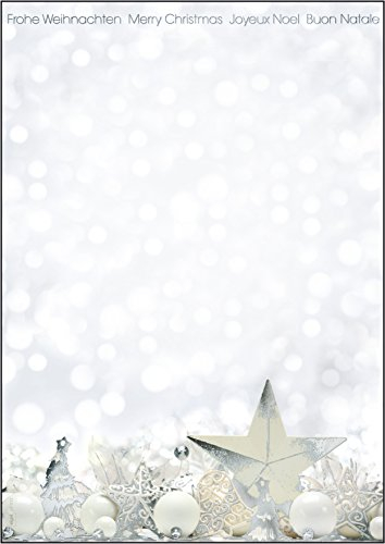 SIGEL DP013 Briefpapier Weihnachten, 25 Blatt, DIN A4 mit Silberprägung, White Stars, Weihnachtsbriefpapier aus nachhaltigem Papier