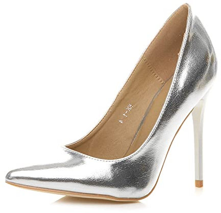 Ajvani Womens Ladies high Heel Pointed Court Smart Party Work Shoes Pumps, 6 UK, Silver Metallic