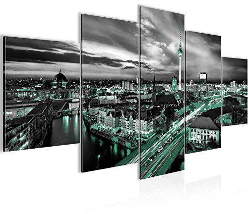 Runa Art - Bilder Berlin Skyline 200 x 100 cm 5 Teilig XXL Wanddekoration Design Schwarz Türkis 004351b