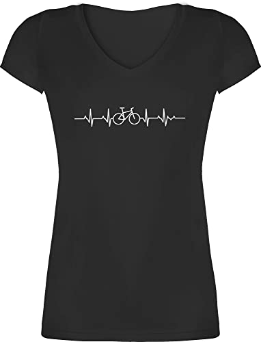 T-Shirt Damen V Ausschnitt - Fahrzeuge - Herzschlag Fahrrad I Rad Geschenke Mountainbiker Geschenk I Fahrradfahrer I - M - Schwarz - fahrradoutfit Frauen männertagsgeschenke MTB Tshirt fahrradshirt