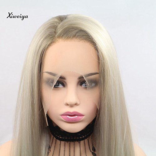 Xiweiya blonde Kunsthaar-Perücke mit Lace-Front, lang, seidig, glatt, mit braunem Ansatz, Langhaarperücke für Frauen, hitzebeständige Faser, Seitenscheitel