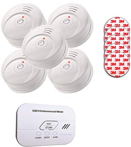 Jeising Sicherheits Set GS506 G 5er Set Rauchmelder/Brandmelder/ 10 Jahre Batterie KRIWAN Zertifiziert EN14604 mit Magnetpad + CO-Melder GS819