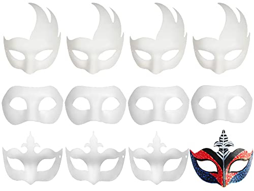 CSPRING Lot de 12 masques mignons en papier blanc uni à peindre pour Mardi Gras Cosplay bal masqué fête