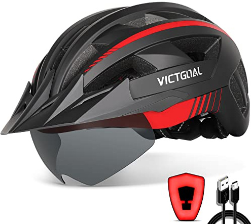 VICTGOAL Bike Helmet with USB Rechargeable Rear Light Detachable Magnetic Goggles Removable Sun Visor Mountain & Road Bicycle Helmets for Men Women Adult Cycling Helmets (L: 57-61 cm, Black Red)