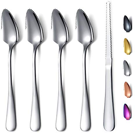 Ensemble de 5 pieces à Pamplemousse en Argent, 4 Cuillères En Acier Inoxydable et 1 Couteau, Ensemble D'ustensiles de Pamplemousse, Cuillère à Bords Dentelés