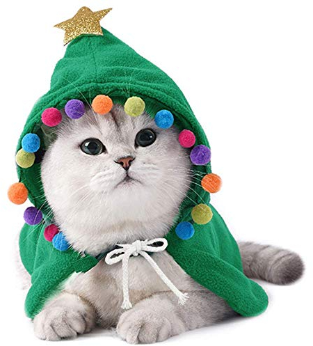 ANIAC Haustier-Weihnachtskostüm für Welpen, Umhang mit Stern und Pompons, für Katzen und kleine bis mittelgroße Hunde, Größe L, Grün