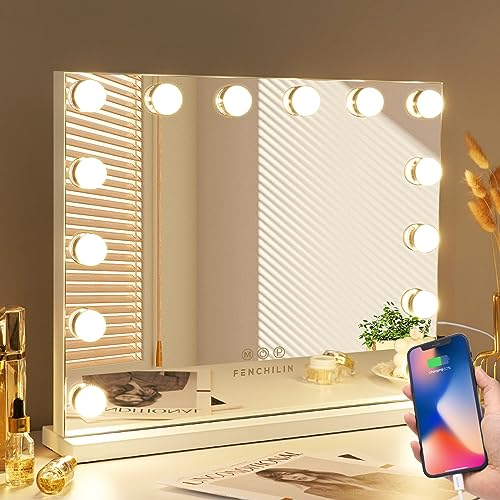 FENCHILIN Schminkspiegel mit Beleuchtung mit USB Charging Port Hollywood Spiegel mit 14 dimmbare LED 3 Farbtemperatur Licht Spiegel mit Beleuchtung mit 10X Vergrößerung Touch Steuerung (weiß)