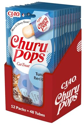 INABA Churu Pops, Katzenleckerlis mit Thunfisch, 12 x 60g | Getreidefrei, Zuckerfrei, Keine Nebenerzeugnisse, 88% Feuchtigkeit, nur 7 kcal pro Tube, Premium Katzen Leckerlis