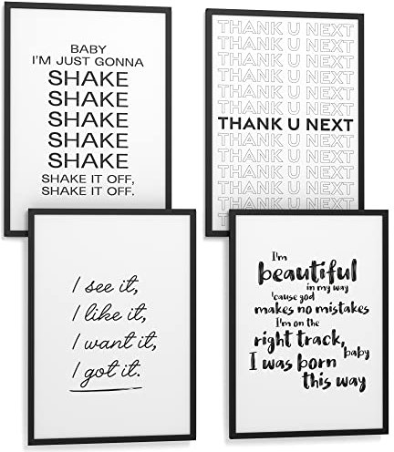 Papierschmiede® Premium Spruchbilder Set 4er mit Rahmen, DIN A3 fertig gerahmt (Material und Farbe wählbar) Motiv: Girl Power Songs, Bilder Set mit Sprüchen, Poster Typografie Wohnzimmer Ariana Grande