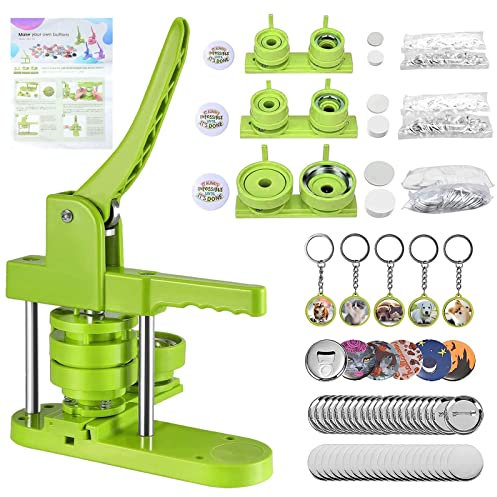 Button Maker Machine Pin Maker 1''+1.25''+2.25'' Button Making Supplies, DIY 300 Pinback Button/10 Keychain Badge/10 Bottle Opener Button/10 Flat Badge for Christmas Party (Green, 1''+1.25''+2.25'')