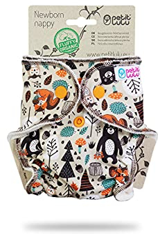 Petit Lulu Höschenwindel für Neugeborene (2-6kg) Druckknöpfe | Fluffy Organic | Bambus natürliche wiederverwendbare Stoffwindeln | Ohne Polyester (Waldfreunde)