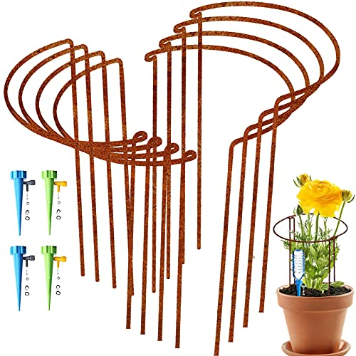 Large 60cm Tall Rusty Bow Plant Support Stakes, Half Round Natural Rust Flower Support Ring Cage Frame with 4 Self Watering Spikes, Metal Interlinking Garden Border for Peonies, Hydrangea(8,60x30cm)